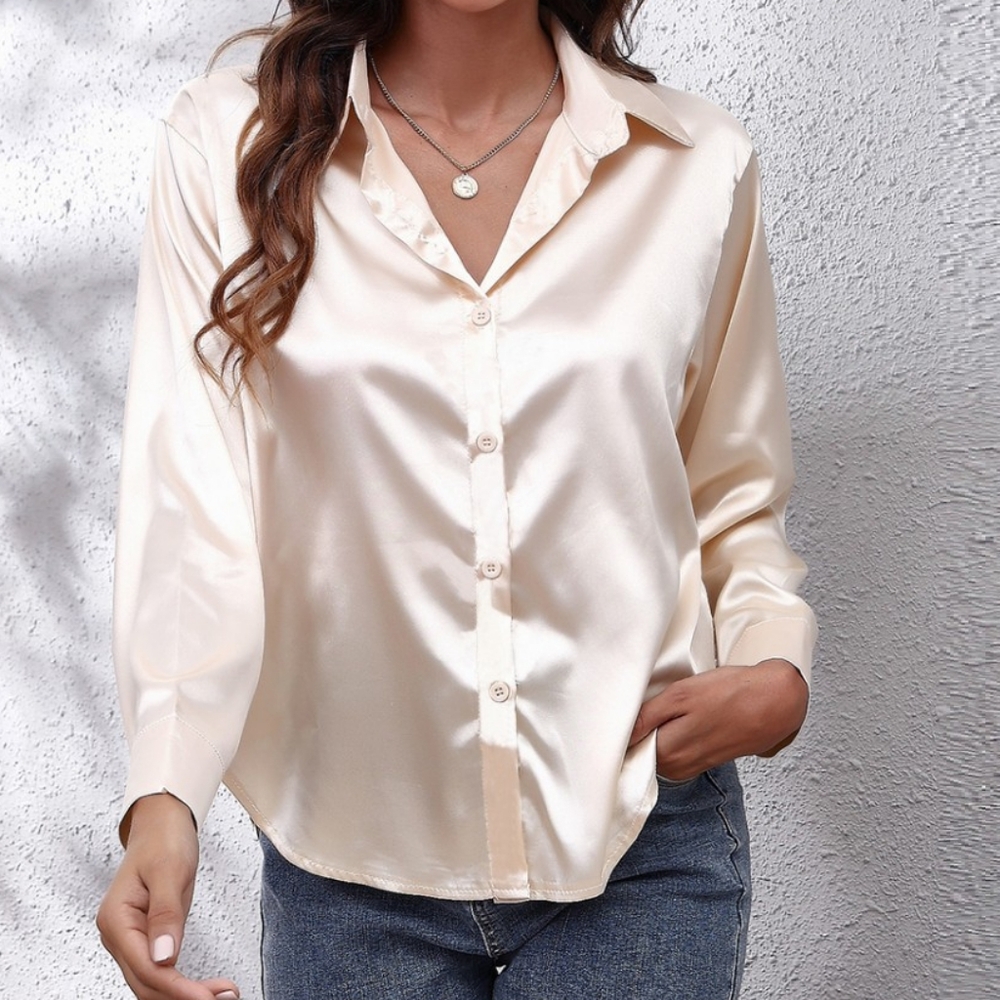 Cream Collared Neck Buttoned Long Sleeve Shirt